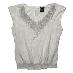 Y2K Vanity Women’s Mesh Sheer Blouse Size XL White Silver V-Neck Stretchy Rayon